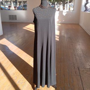 Cold Water Creek black Jersey elastic maxi dress with wood bead embellishment